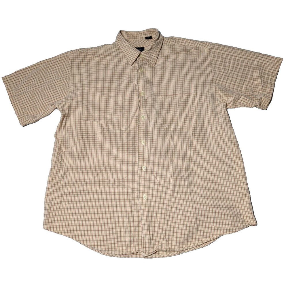 IZOD Men Large Orange Plaid Cotton Short Sleeve Button-Up Shirt
